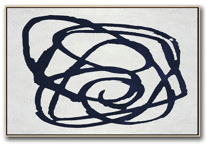 Canvas Wall Art Home Decor,Horizontal Abstract Painting Navy Blue Minimalist Painting On Canvas,Original Art Acrylic Painting